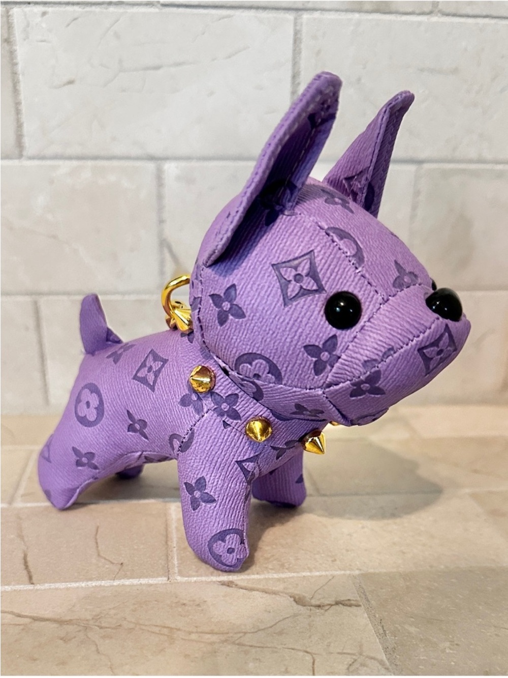 Epi Leather Frenchie Dog Charm w Gold Studded Chain Adorable